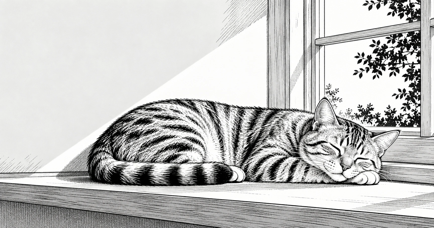 黒いペンの線と細かな陰影で、眠る縞猫と窓辺を描いた白黒漫画風画像