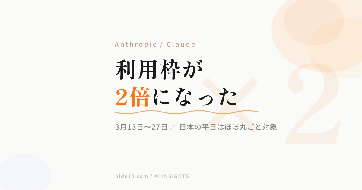 Featured image of post Claudeの利用枠が2倍に ─ 3月27日まで、日本の平日はほぼ丸ごと対象