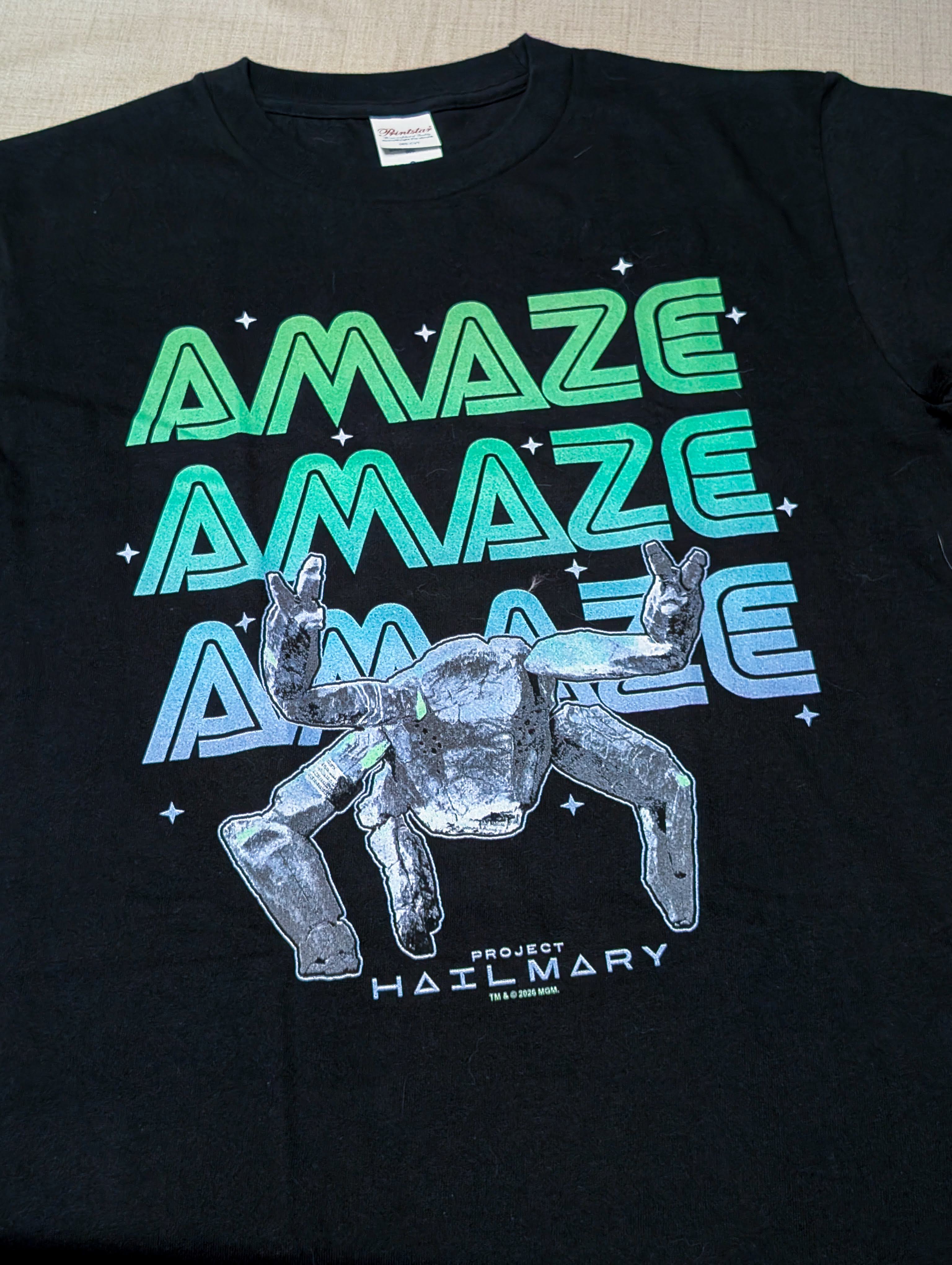 Amazonで発注したプロジェクト・ヘイルメアリーのTシャツ。AMAZE AMAZE AMAZE！