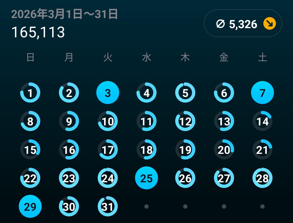 3月の歩数カレンダー（平均5,326歩/日）