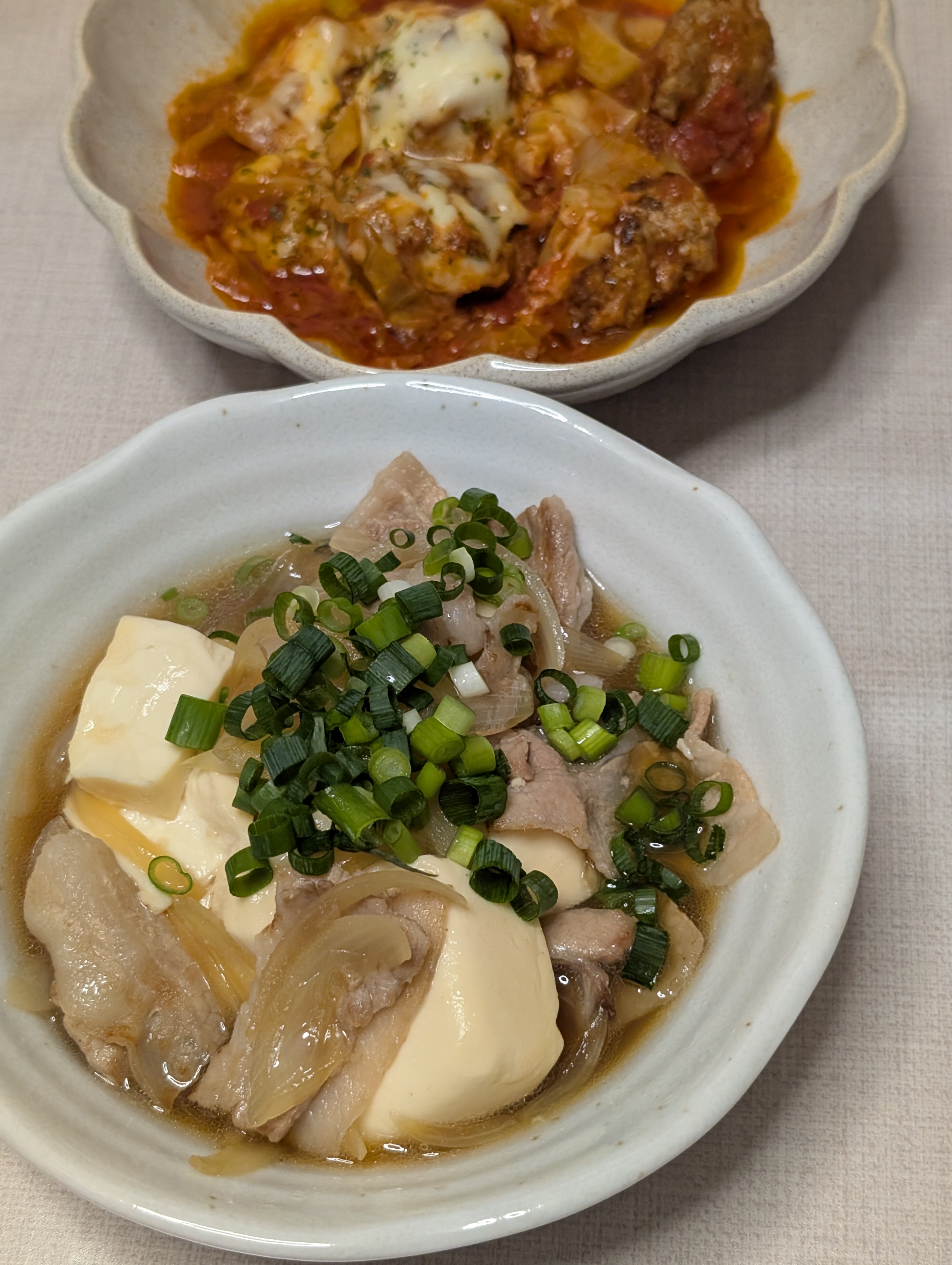 夕食。肉豆腐と昨日の残り物