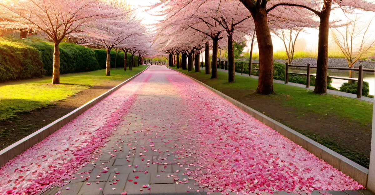 桜の花びらが散った公園の地面