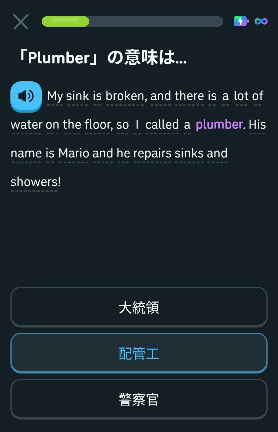 配管工の名前がMarioだったDuolingoの例題