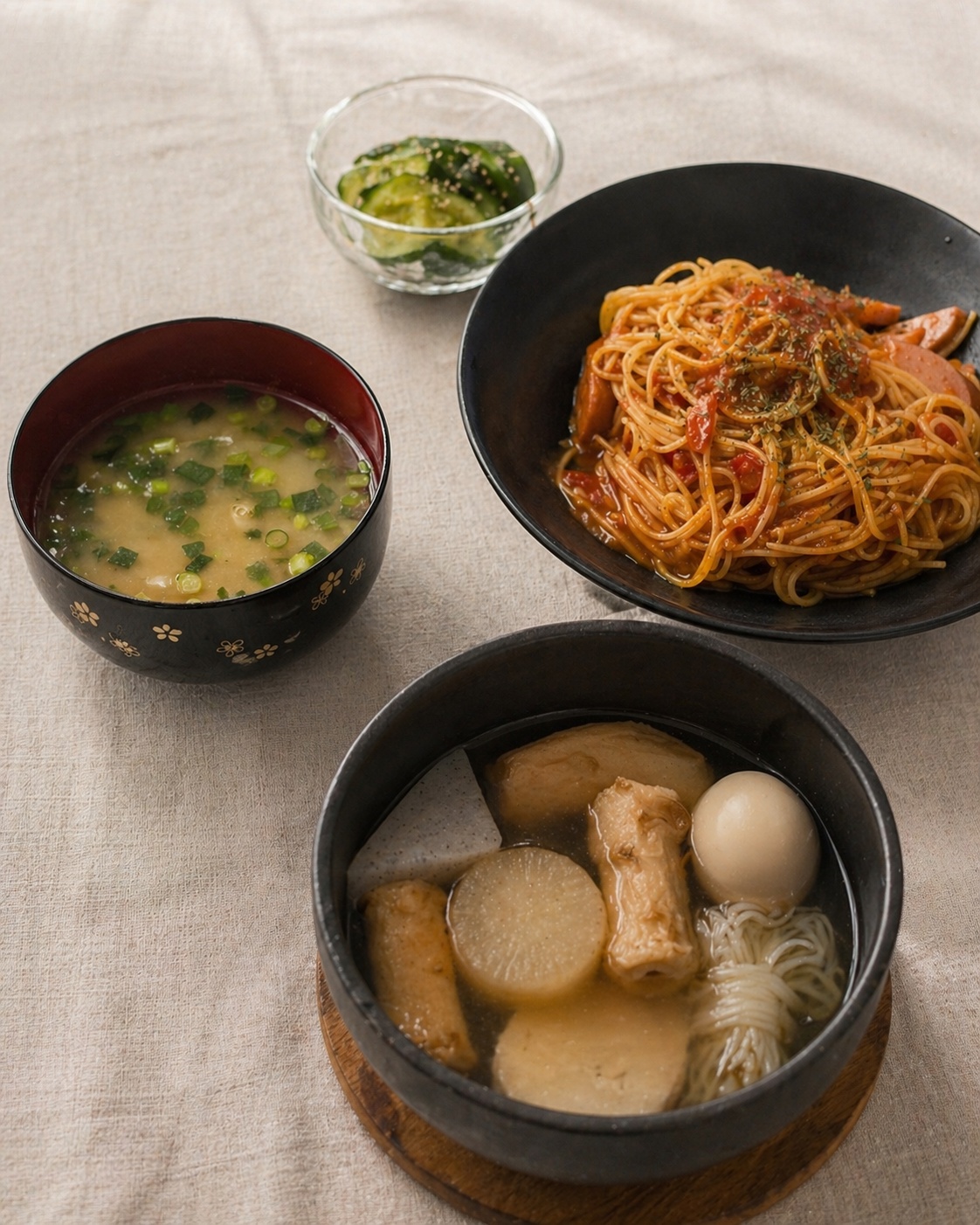 おでんとナポリタンと味噌汁ときゅうりの夕食