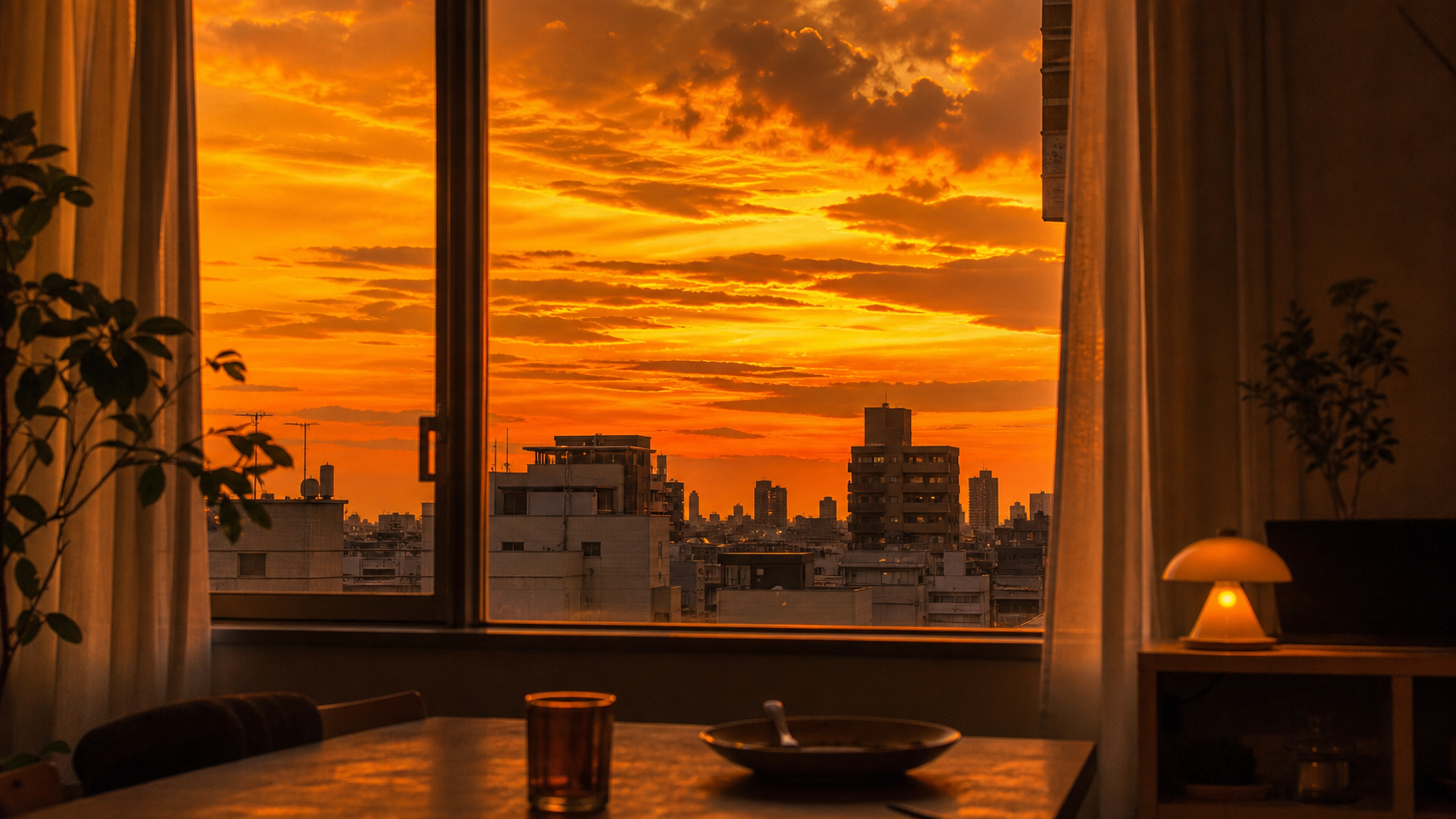 カレー色に染まった夕焼けの窓辺
