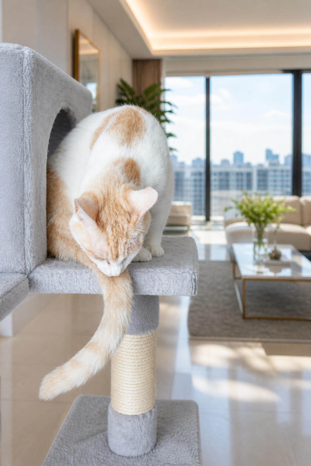 キャットタワーでリラックスするチャコちゃん