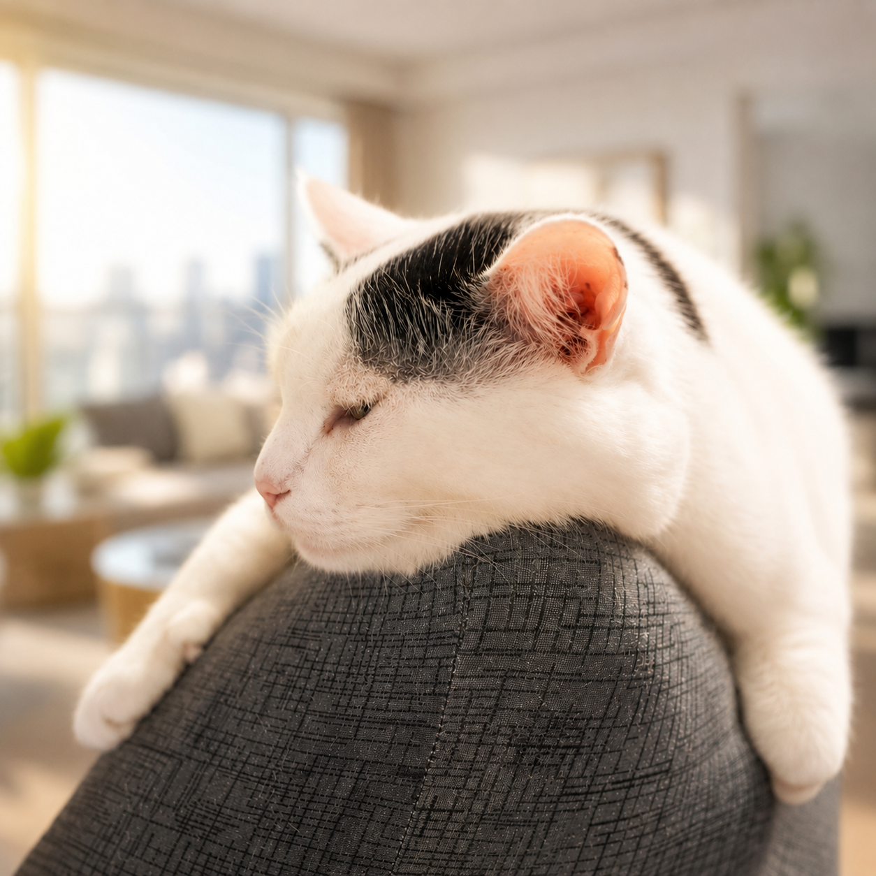 高級マンション風の背景でくつろぐサスケ