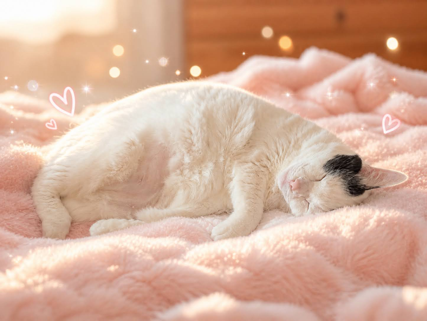 ピンクの毛布で丸まって眠るサスケ
