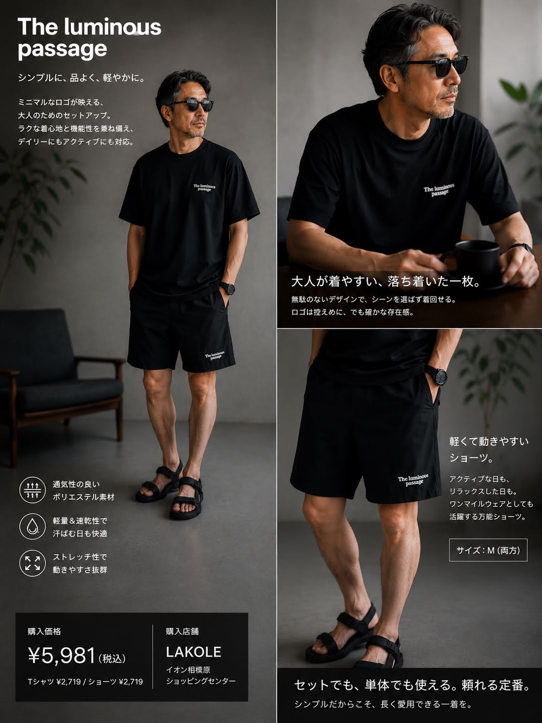 LAKOLEの黒いTシャツとショーツのセットアップの宣材写真風画像