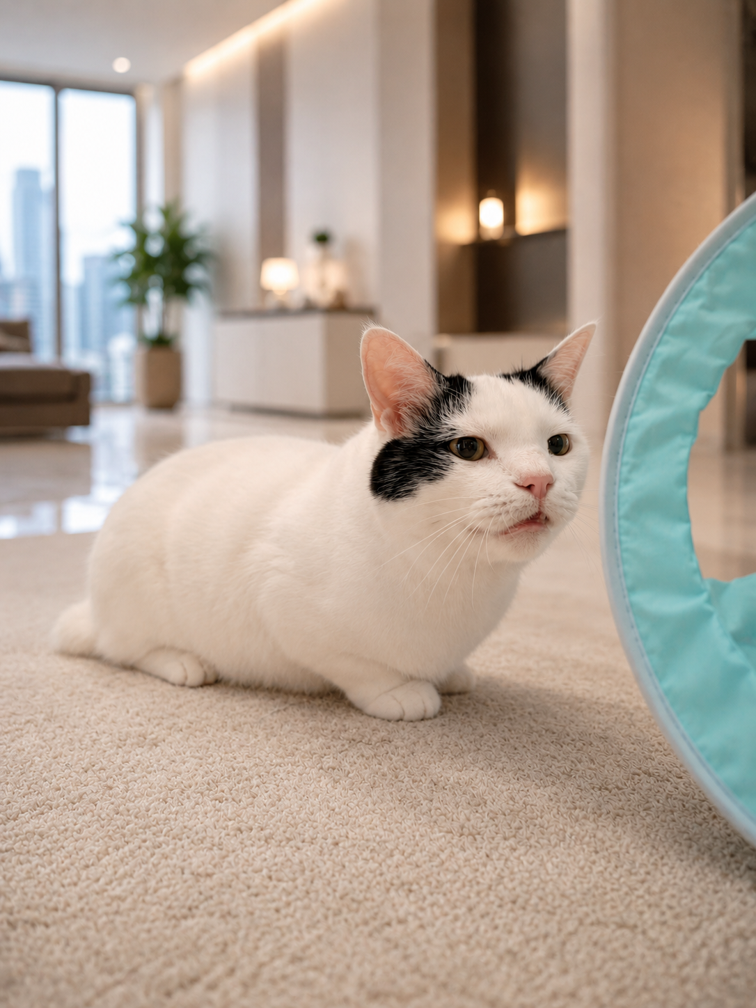 水色のキャットトンネルをのぞくサスケ