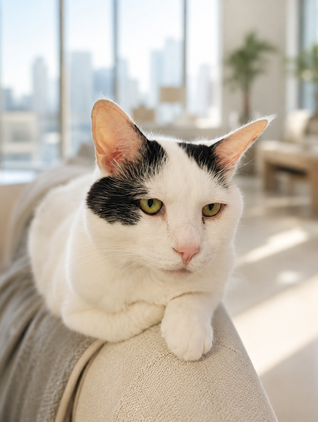 ソファの背もたれでくつろぐ白黒猫のサスケ