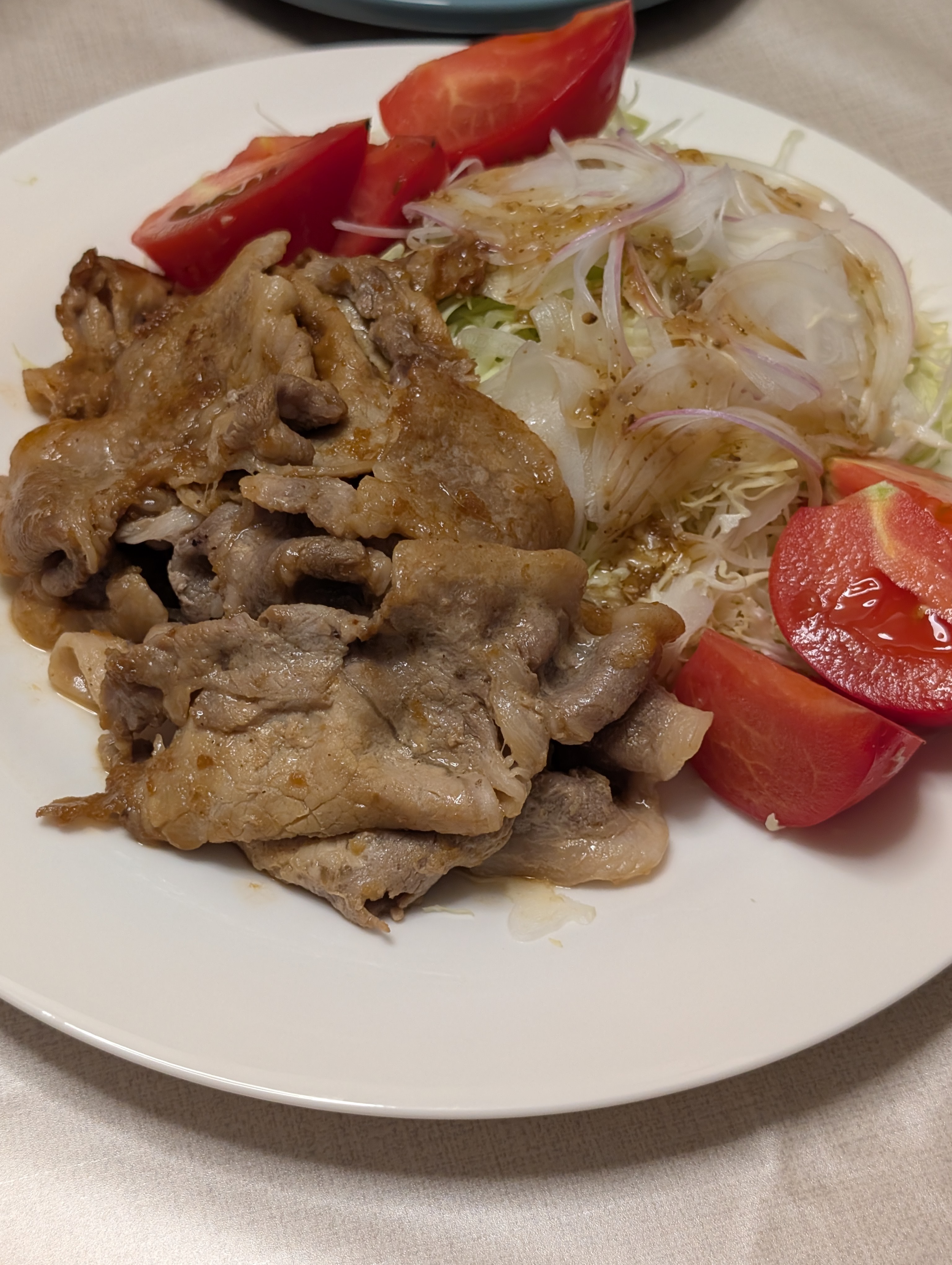 白い皿に盛った豚の生姜焼きと、キャベツ・トマト・玉ねぎのサラダ