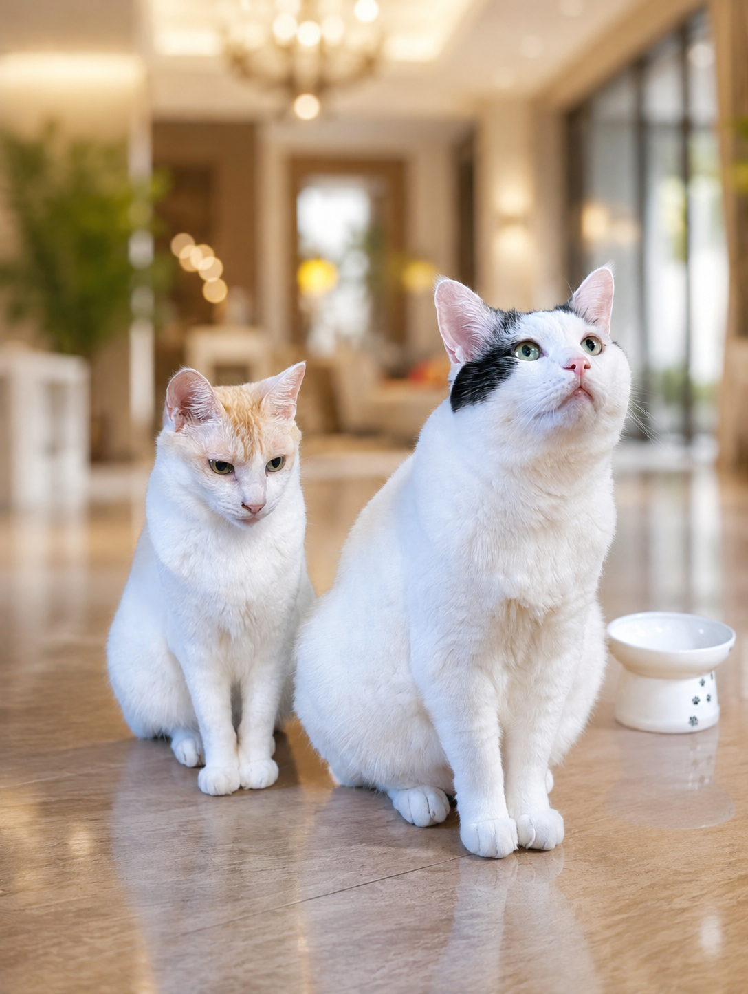 珍しく並んで座る白黒猫のサスケと茶白猫のチャコ
