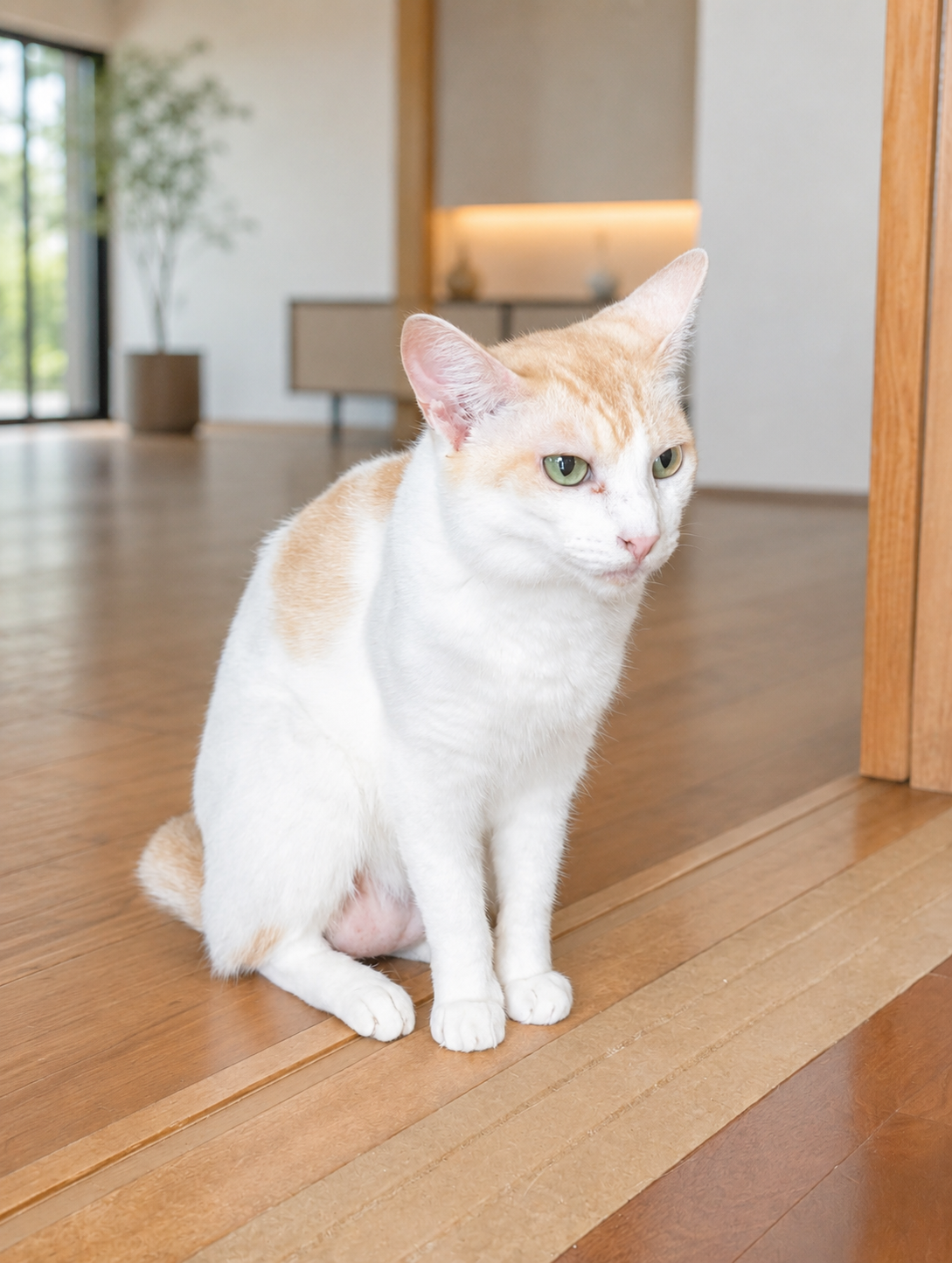 床に座って遠くを見ているクリーム色の猫チャコ