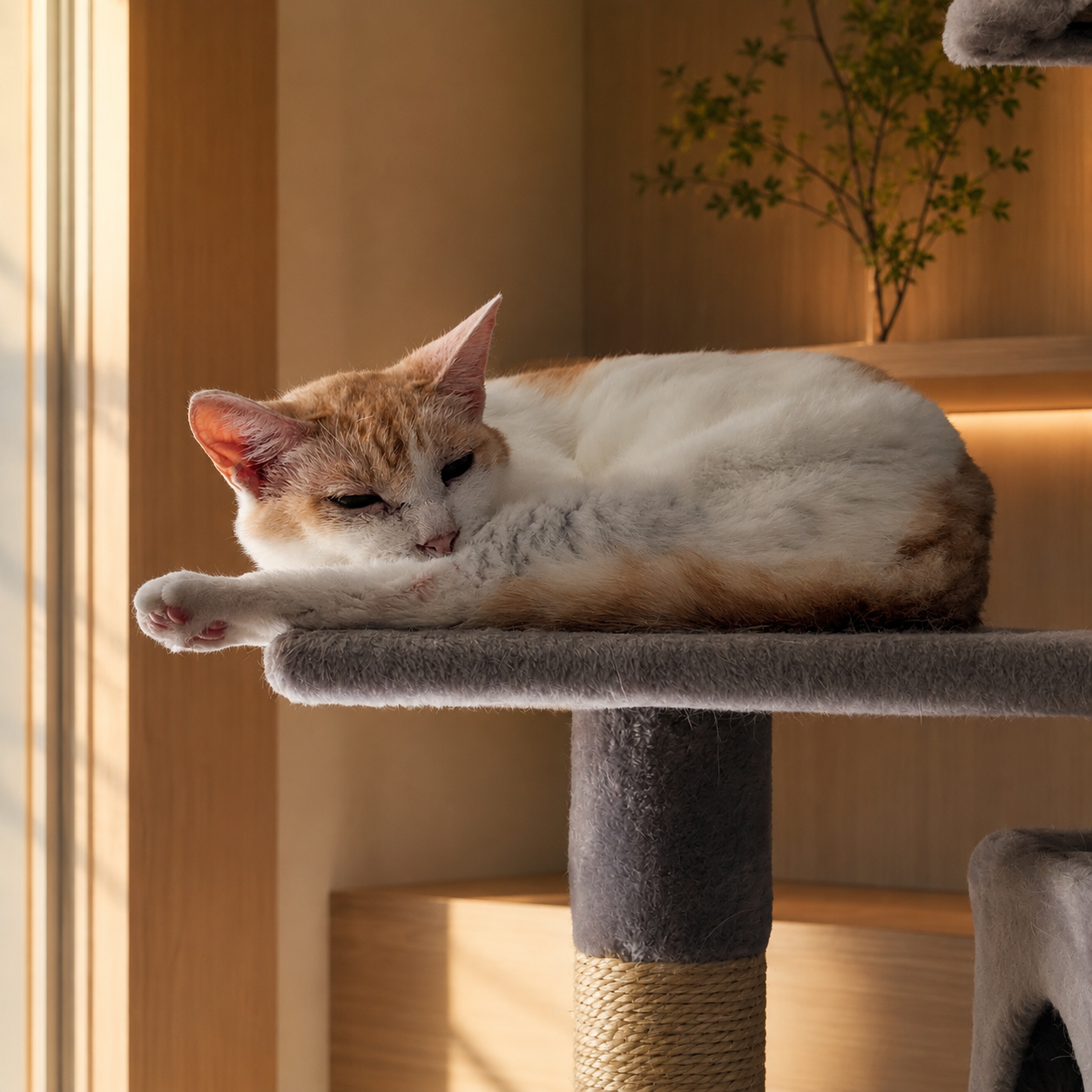 キャットタワーの上で横になり、半目でこちらを見るチャコ