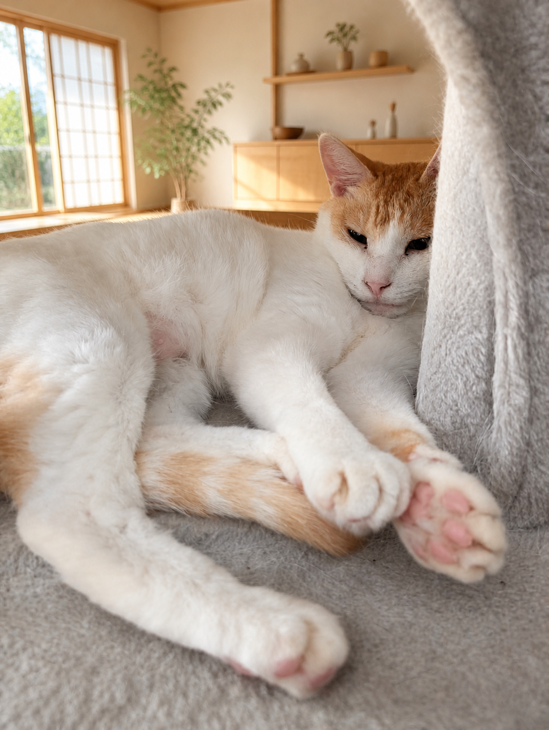 キャットタワーで体を伸ばして眠る白茶のチャコ