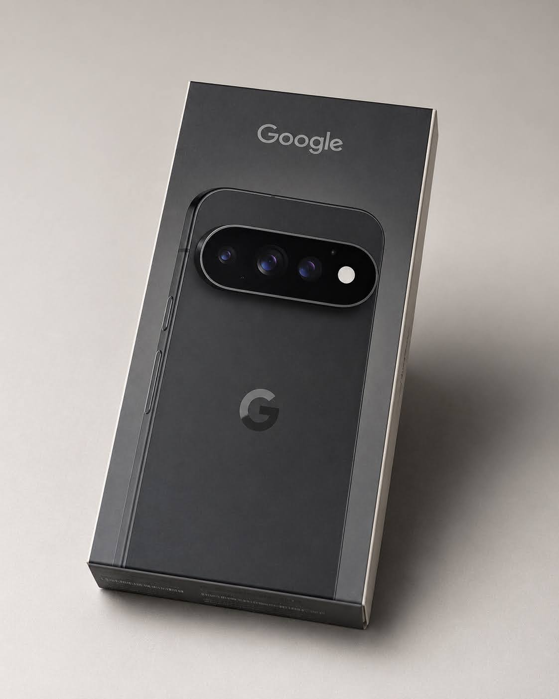 Google Pixelの黒い箱。背面のカメラバーと Google のロゴが印刷されている
