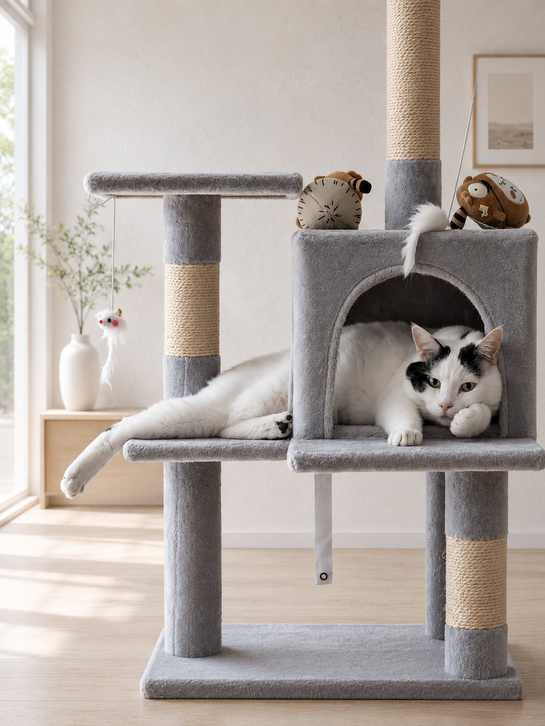 キャットタワー上段の小部屋で前脚を投げ出して寝そべる、白地に頭が黒いサスケ