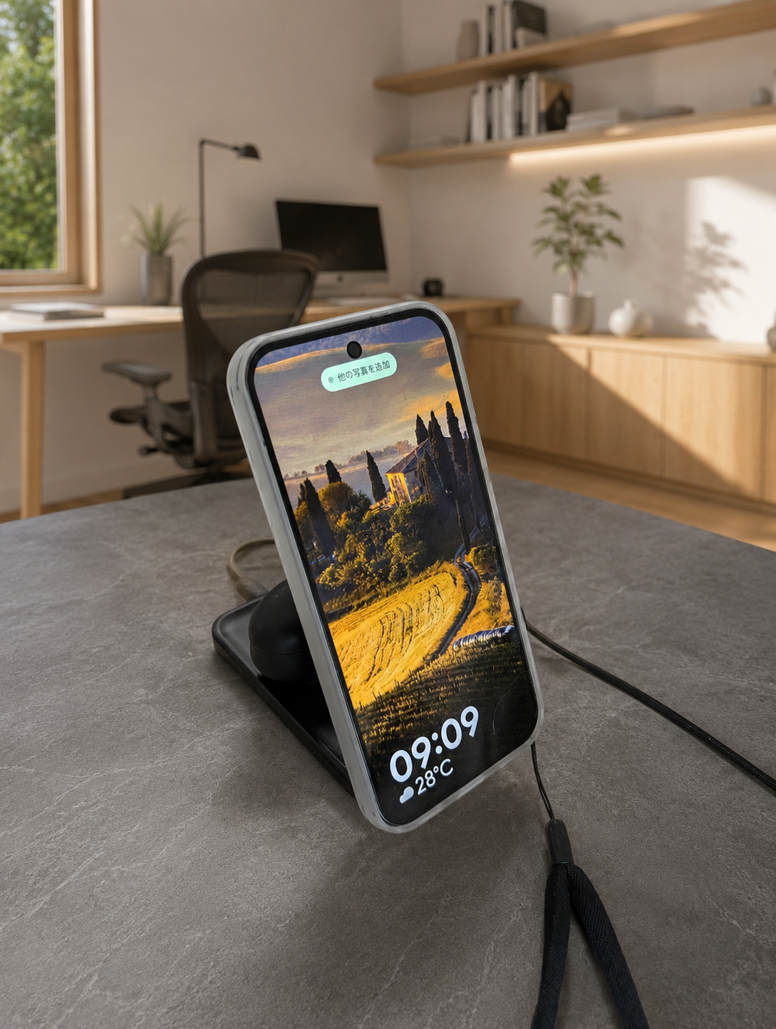 スタンド形にしたBelkin充電器にPixel 11 Proを立てて充電中。画面に09:09と28℃