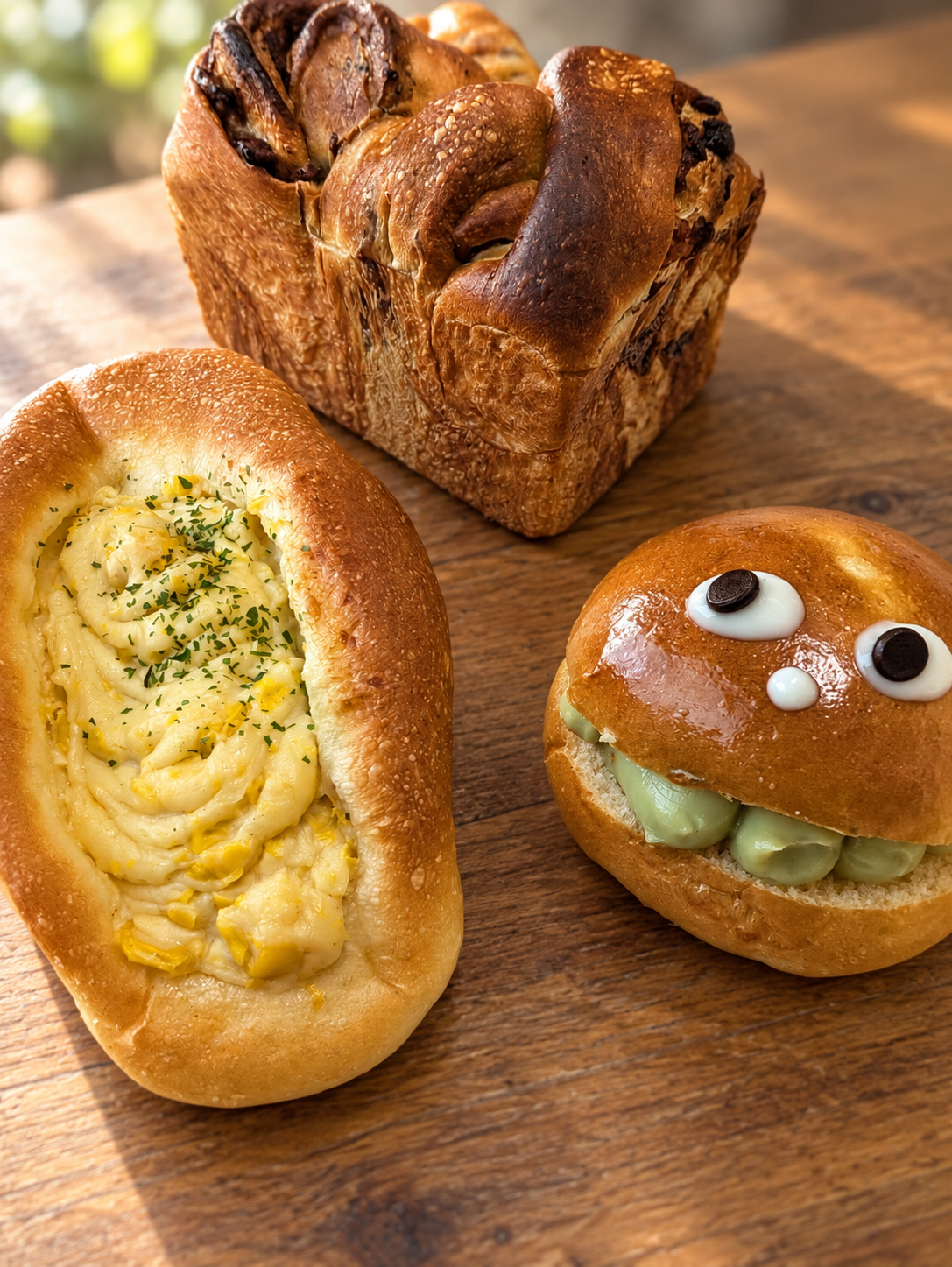 小豆入りの折り込みパン、コーンマヨの舟形パン、目玉が付いたピスタチオクリームのパンの3種