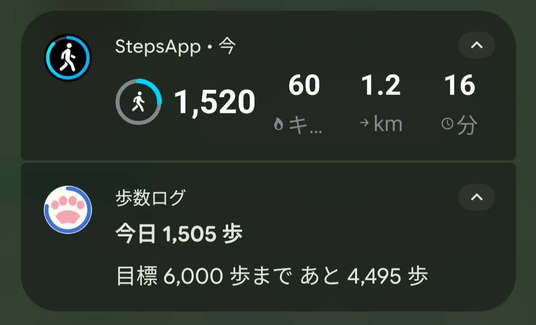 ã¹ããã®éç¥ãäžãStepsAppã§1,520æ©ãäžãèªäœã®æ©æ°ãã°ã§ä»æ¥1,505æ©ãç®æš6,000æ©ãŸã§ããš4,495æ©