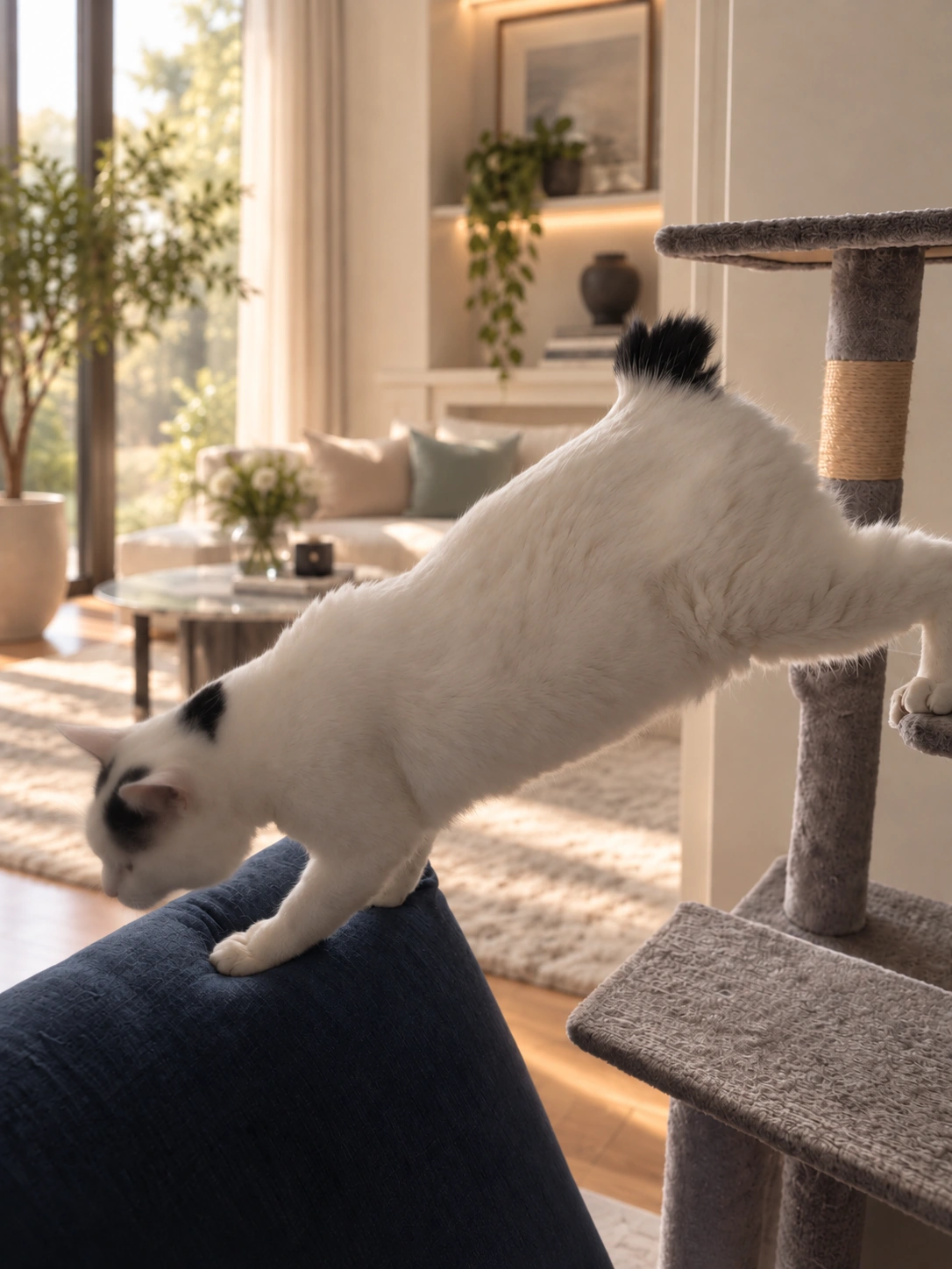 キャットタワーから紺色のソファーへ、体を伸ばして飛び移る白黒のサスケ