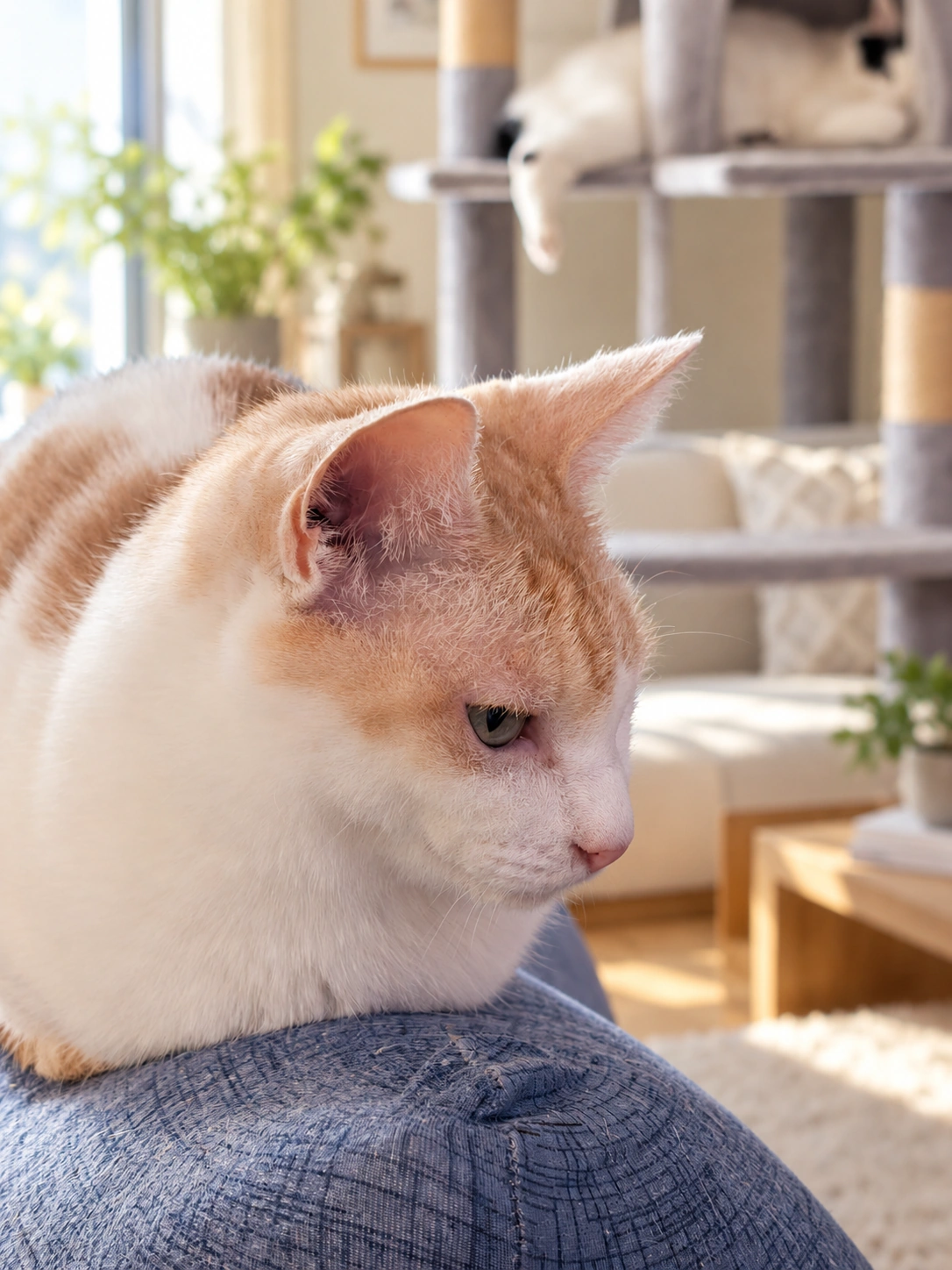 手前のソファーでくつろぐ茶白のチャコと、奥のキャットタワーで横になる白黒のサスケ