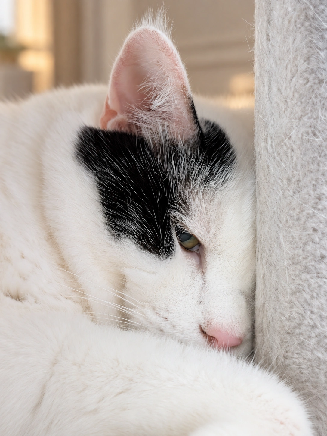 キャットタワーの柱に顔を寄せ、眠そうな表情で横になる白黒のサスケ