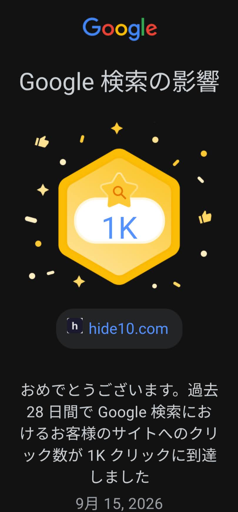 hide10.comへのGoogle検索からのクリック数が過去28日間で1Kに到達した通知