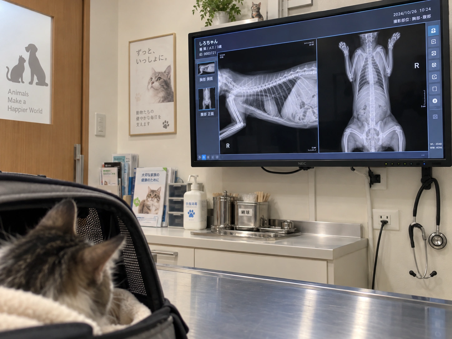 動物病院の診察室とレントゲンモニターの加工イメージ。ChatGPT生成の画像で、実際のサスケや検査結果ではありません