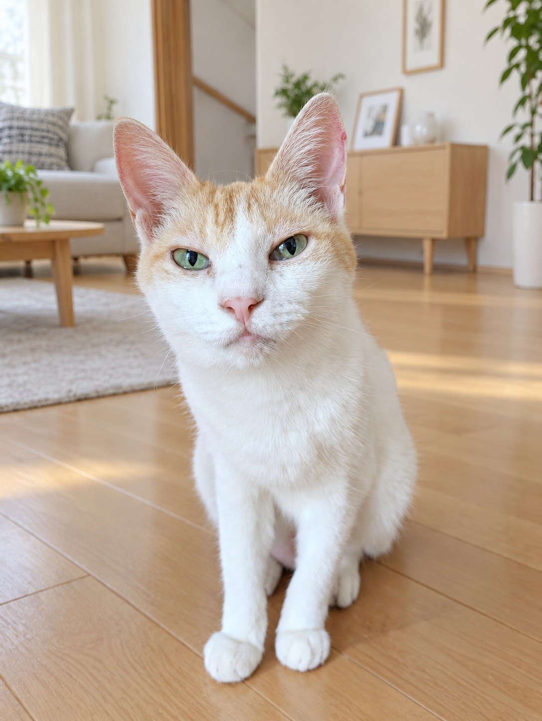 床にちょこんと座ってこちらを見るクリーム茶と白のチャコ
