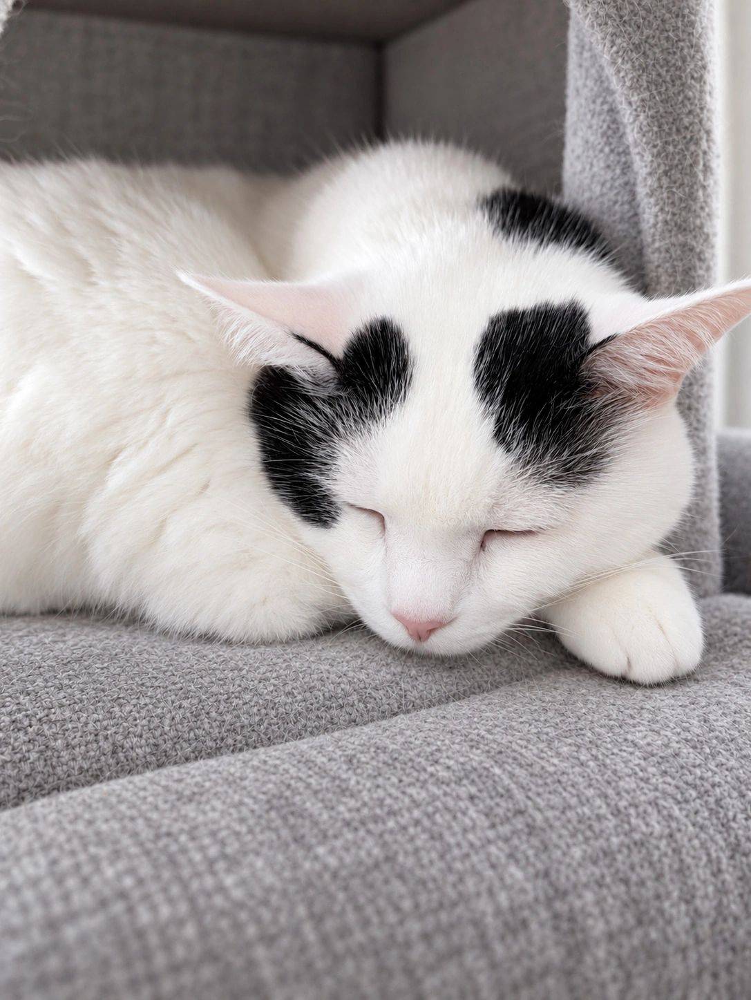 キャットタワーで目を閉じてくつろぐ白黒のサスケ（背景と目・鼻周りはAIで加工）