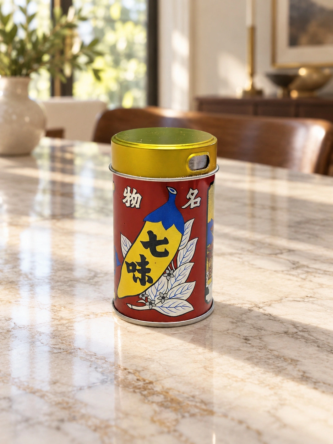 使い切った赤い七味缶（背景はAIで差し替え）