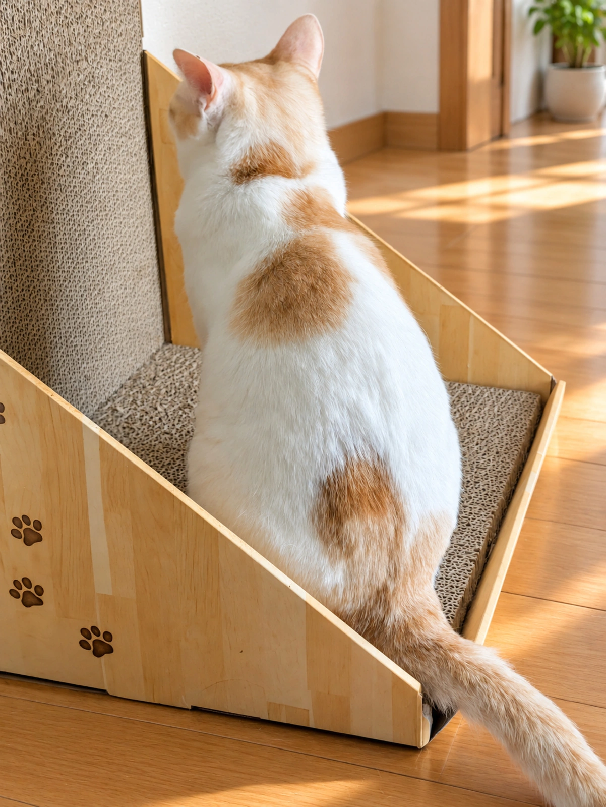 木目柄の爪とぎボックスに座る茶白のチャコの後ろ姿（背景はAIで加工）