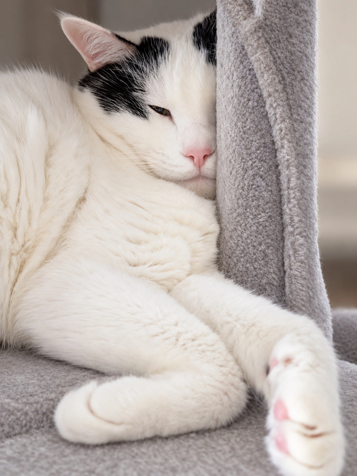 キャットタワーの柱に顔を寄せ、手足を伸ばしてくつろぐ白黒のサスケ（背景と目・鼻周りはAIで加工）