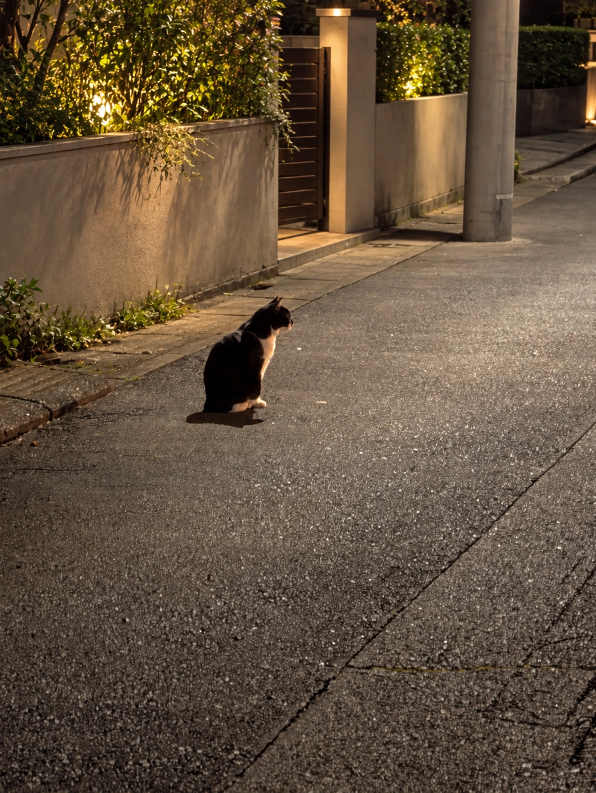通勤の帰り道、道路に座る白黒の猫(住宅背景はAIで加工)
