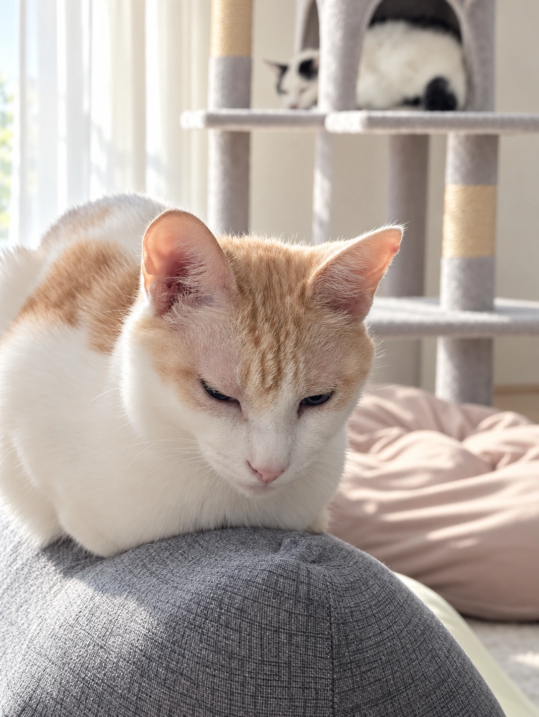 ソファーのクッションで香箱座りをするチャコ。奥のキャットタワーでサスケが寝ている(背景はAIで加工)