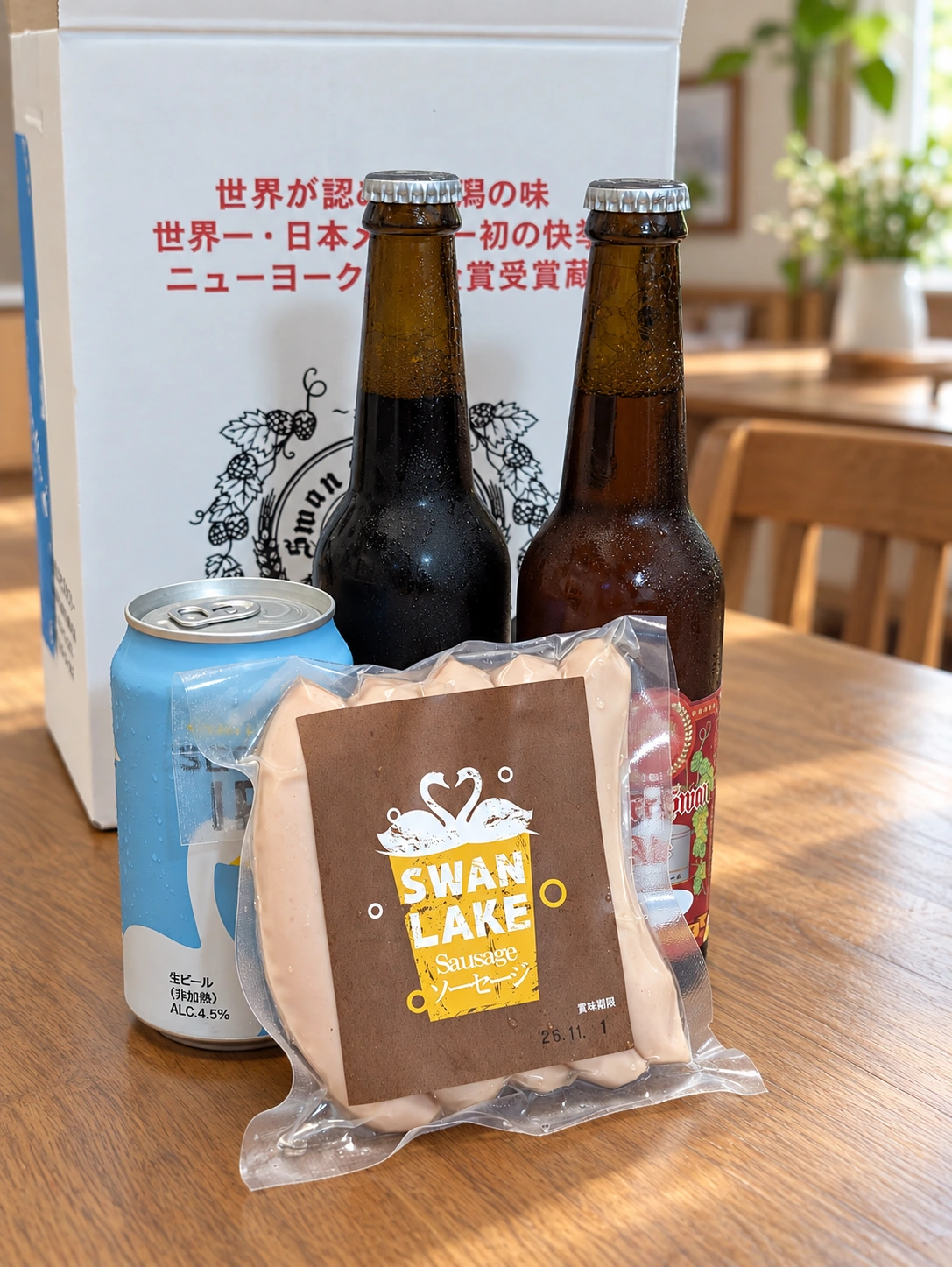 スワンレイクビールの瓶2本と缶ビール、スワンレイクのソーセージ(背景はAIで加工)