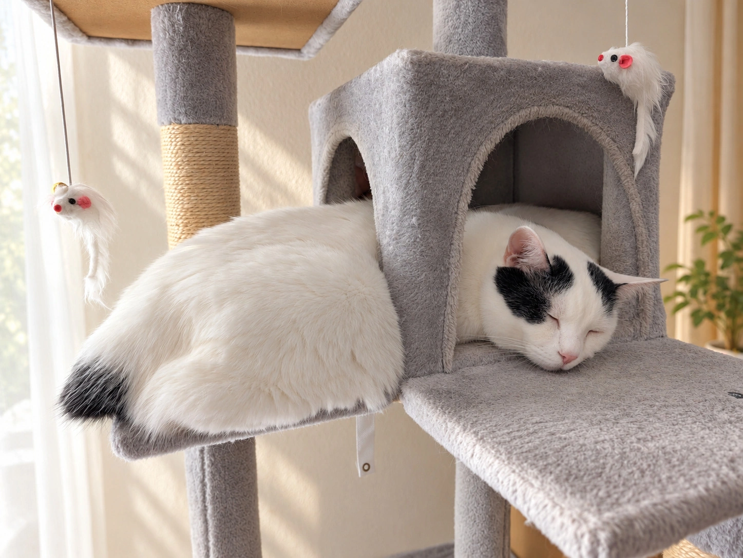 キャットタワーの箱から顔を出し、体を大きくはみ出させて横になる白黒のサスケ(背景などはAIで加工)