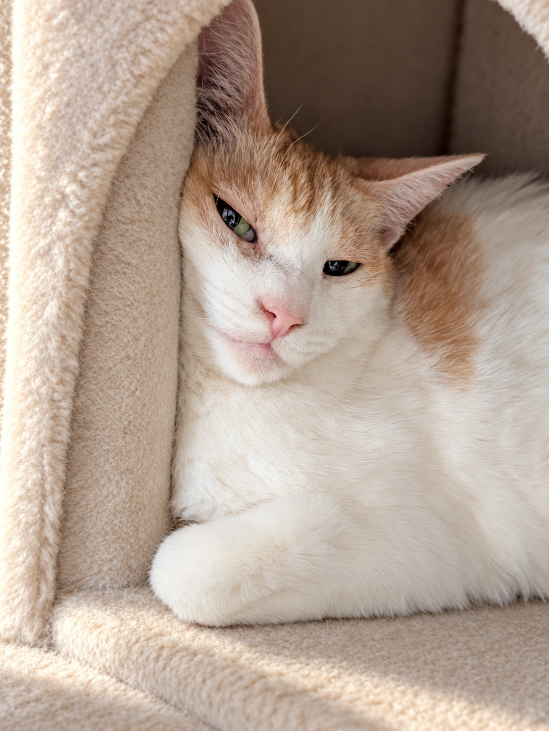 キャットタワーの中で前足を重ねてくつろぐ茶白のチャコ(布地・明るさ・顔周りをAIで加工)