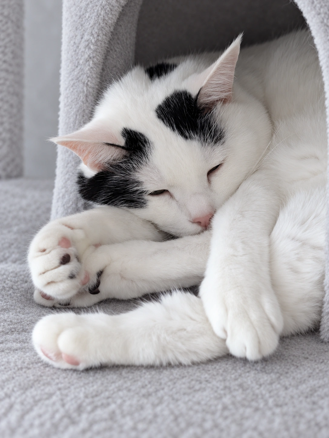 いつものキャットタワーで手足を絡めて眠る白黒のサスケ(背景・光・細部をAIで加工)