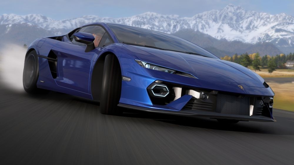 Forza Horizon 6 Series 3のキーアート。雪山を背景に走るランボルギーニ