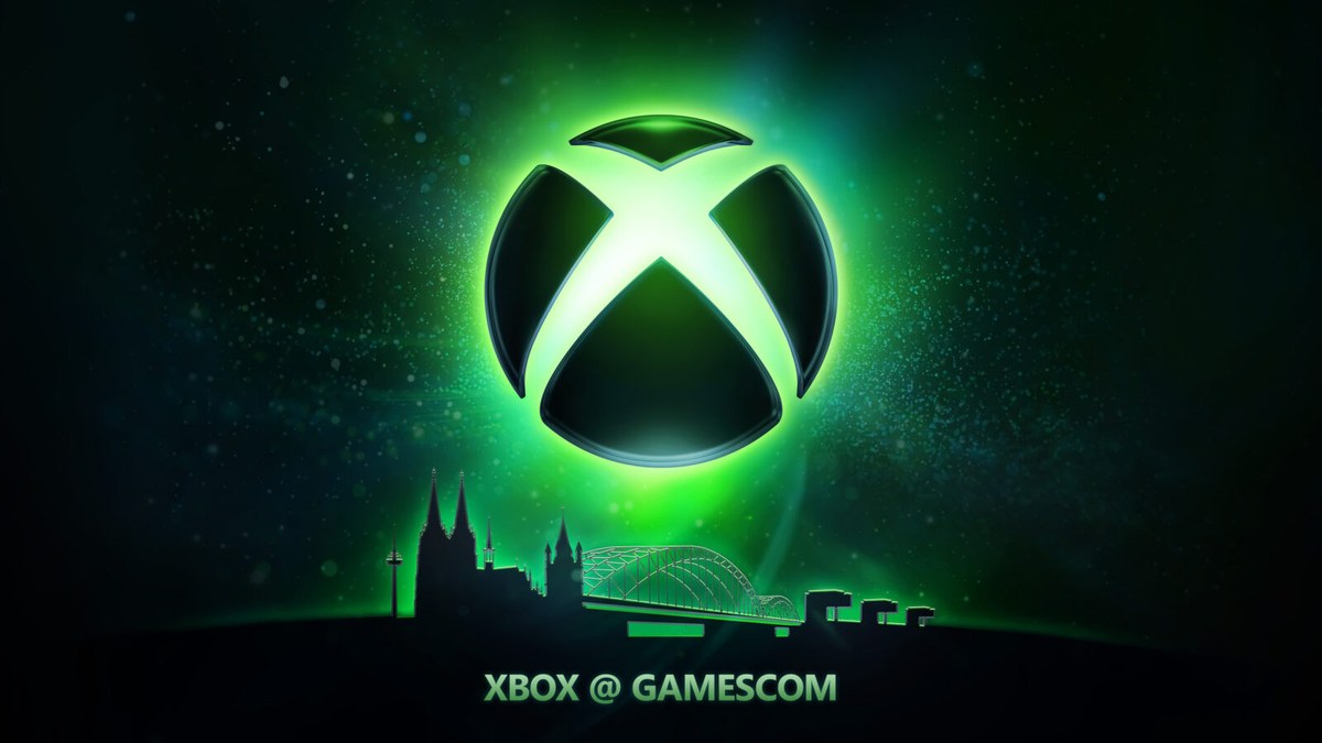 XBOX @ gamescomのキービジュアル。緑に光るXboxロゴとケルンの街並みのシルエット