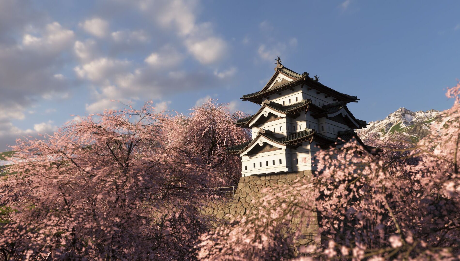 弘前城。桜のピンクと城郭の白黒のコントラスト。桜だけは破壊不可（出典: Xbox Wire Japan）