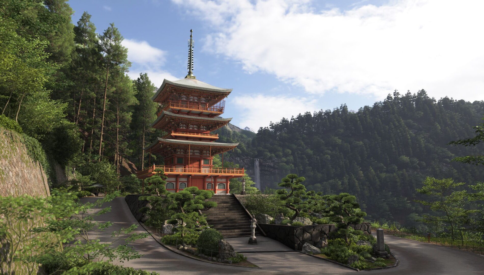 FH6 で再現された那智の滝。背景に熊野那智大社の朱塗りの社殿が見える（出典: Xbox Wire Japan）