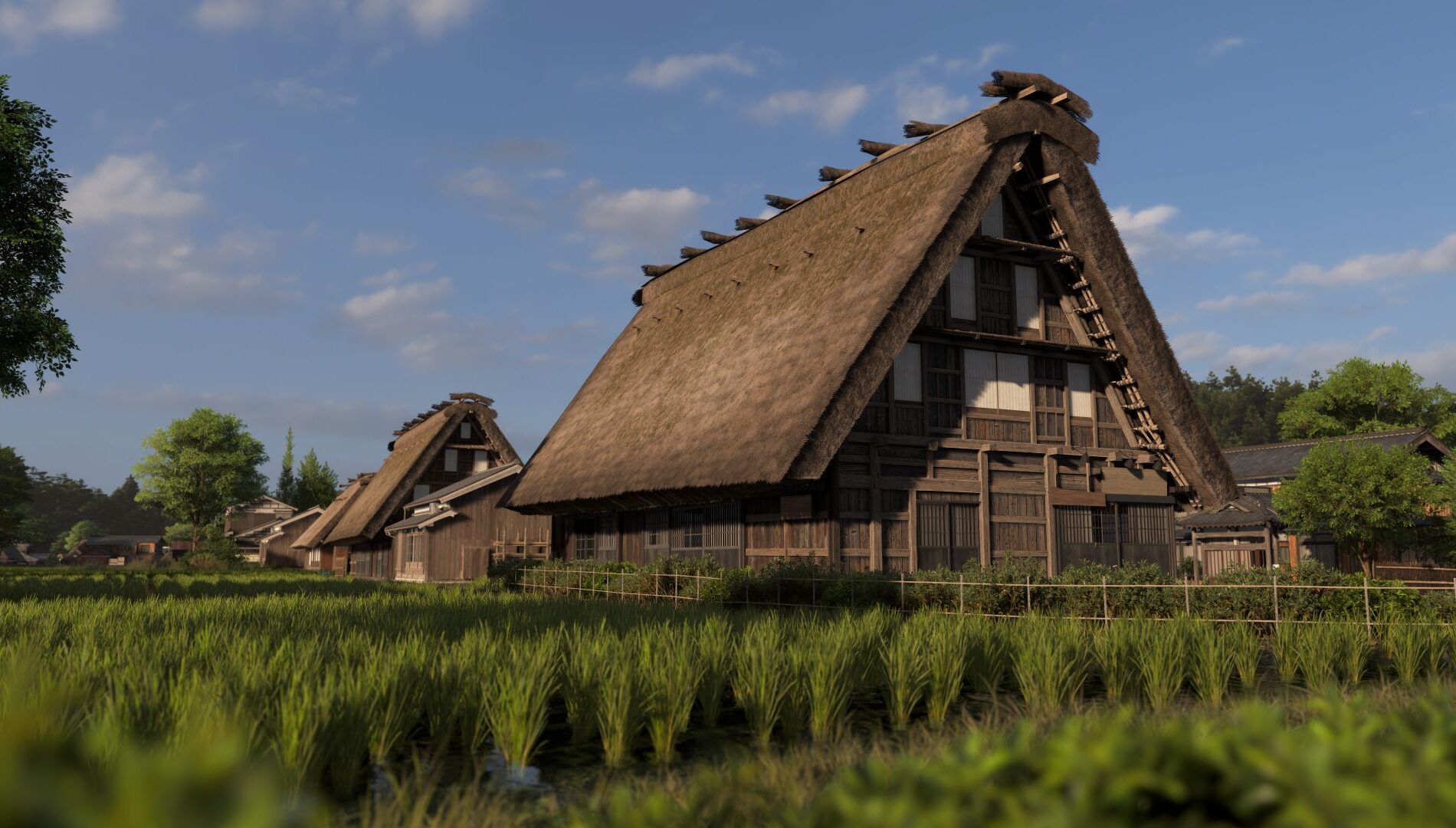 白川郷の合掌造り民家。四季システムで雪景観にも切り替わる（出典: Xbox Wire Japan）