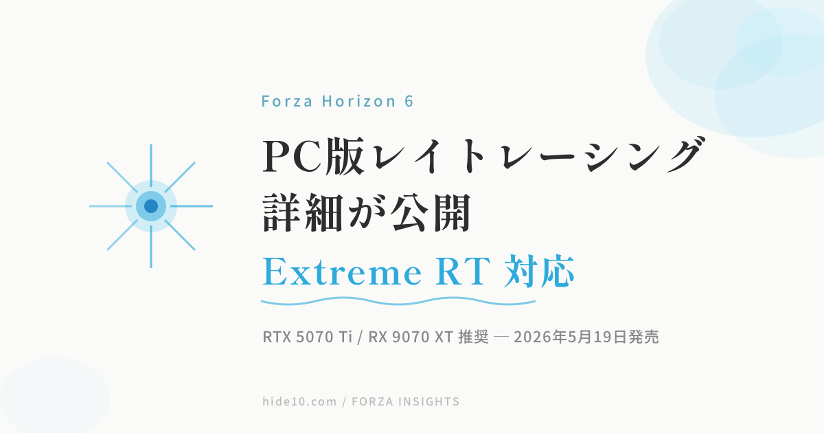 Featured image of post Forza Horizon 6 PC版のレイトレーシング詳細が公開 — RTX 5070 Ti でExtreme RT、DLSS 4・FSR 4対応