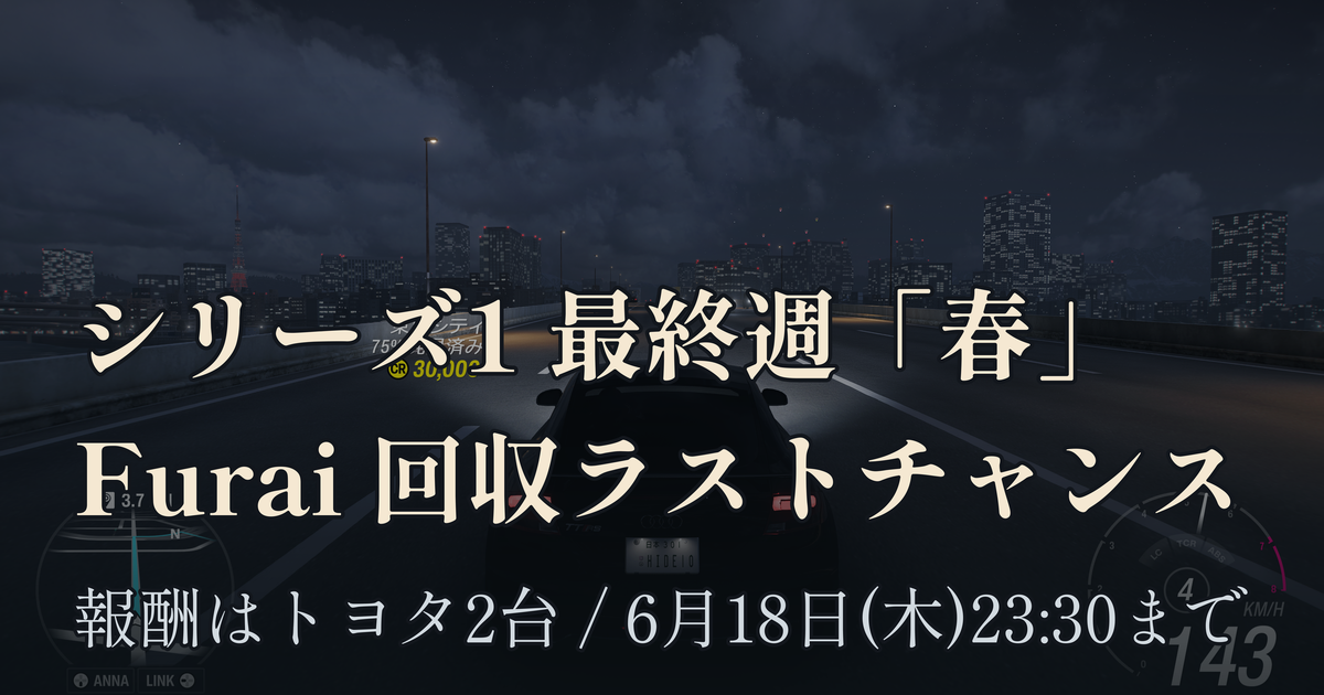 Featured image of post FH6 シリーズ1最終週「春」が6/11開始 — トヨタ2台の報酬車と、Mazda Furai 回収のラストチャンス