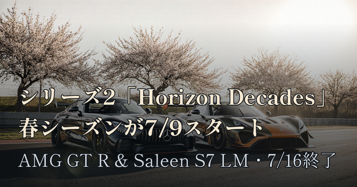 Featured image of post FH6 シリーズ2「Horizon Decades」春シーズンが7/9スタート、報酬車はメルセデスAMG GT RとサリーンS7 LM