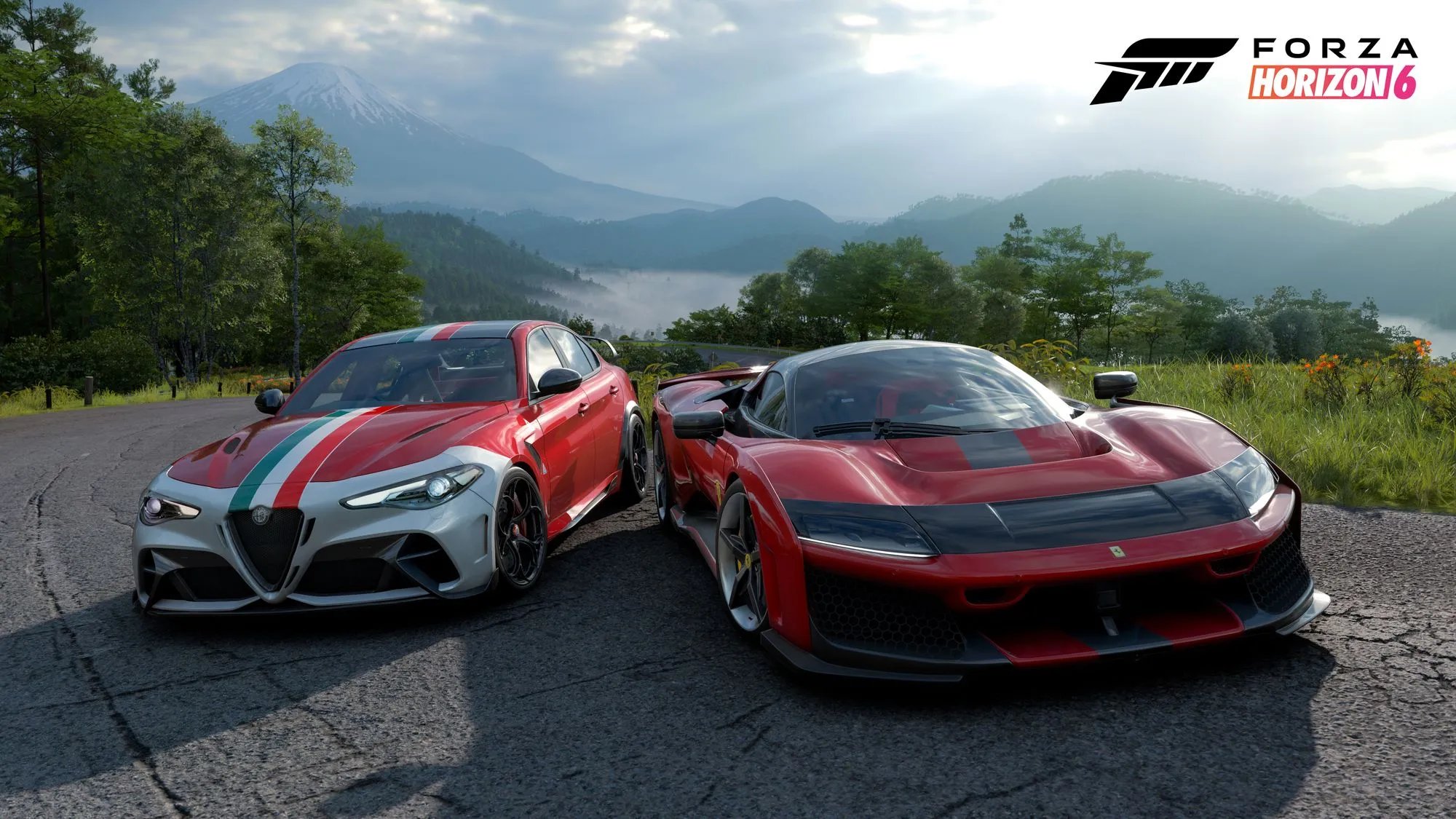 Alfa Romeo Giulia GTAmとフェラーリが富士山を背に並ぶ